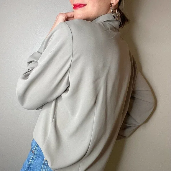 Vintage dove grey pussy bow tie neck blouse secretary 90s taupe long sleeve L - Picture 14 of 17